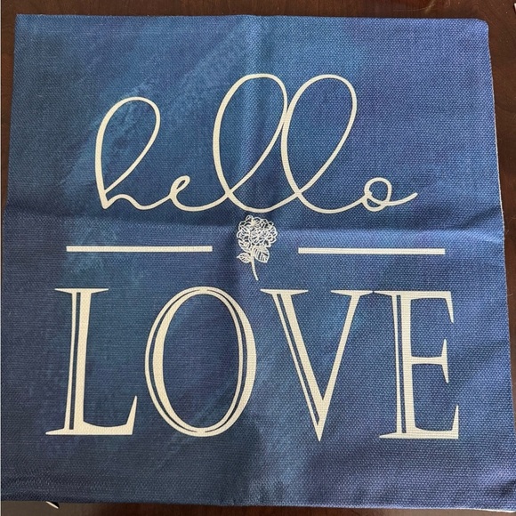 Pillow Cover " Hello Love". Blue/White. No pillow included.  17.5 x 18 - Picture 1 of 5